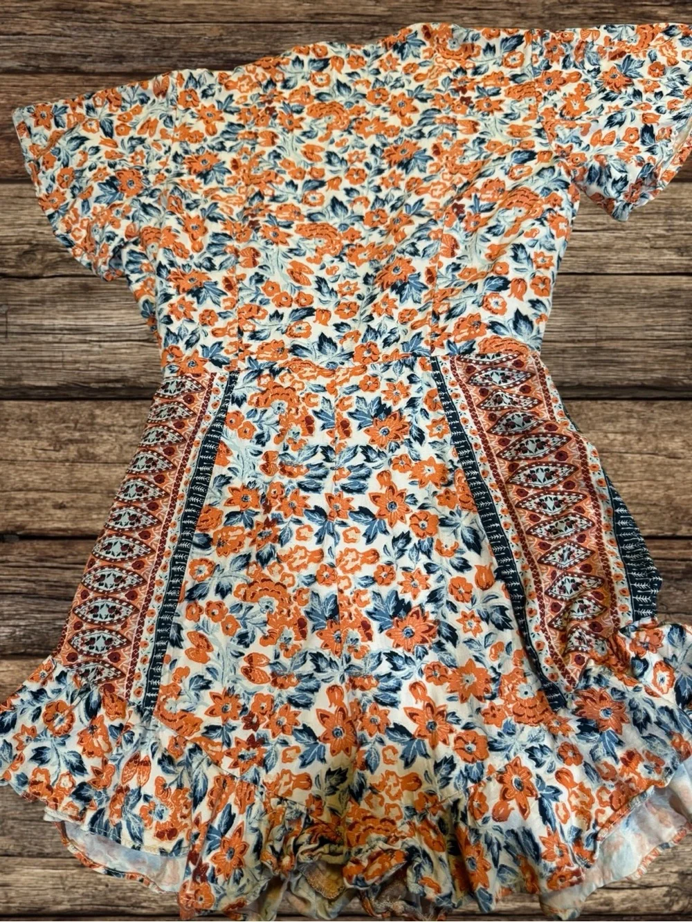 Free People Surf Date Romper Orange Floral Cut Out Tie Front Boho Size XS